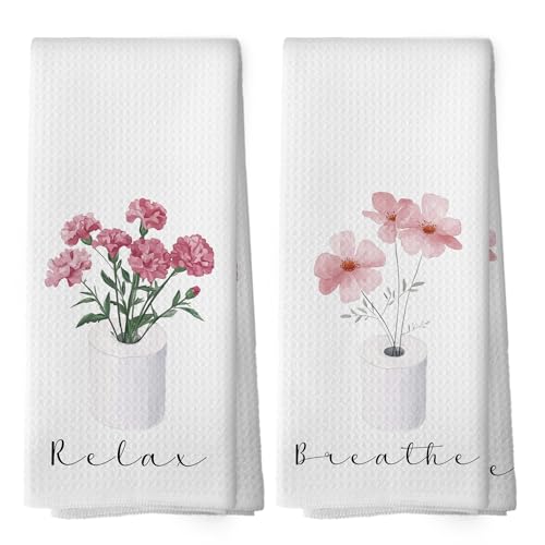 Pink Floral Bathroom Hand Towels, Cottagecore Botanical Roll Paper Hand Towel for Bathroom Decor, Relax Breath Pink Flower Decorative Towels for Washroom Toilet 16x24 Inch Set of 2 - color: Color 10
