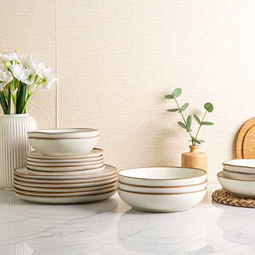 AmorArc Ceramic Dinnerware Sets for 6, 18Pcs Plates and Bowls Sets Dishes | Stoneware Handmade Reactive Glaze Dinner Set, Highly Scratch Resistant | Dishwasher & Microwave Safe Dishware - color: Pearl White, size: Service for 6(18Pcs)