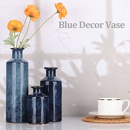 Ceramic Vases Set - Small Blue Vases for Farmhouse, Living Room, Table and Fireplace Decor
