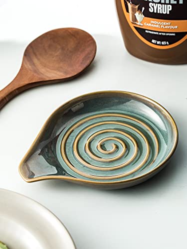 Spoon Rest for Stove Top, Countertop Spoon Holder with Handle for Easy Hold, Farmhouse Decor, Utensil Rest for Spoons, Ladles, Tongs, Spatula, Blue and Green | Ceramic Spatula Holder, Modern Farmhouse Decor | Large Utensil Rest for Ladles, Tongs, Spatula,