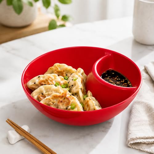 6 Colors Divided Snack Bowls, Anti Soggy Chip Dip Serving Dishes, Stackable Plastic Bowls, Microwave & Dishwasher Safe, Ideal for Home Party, Salad, Nuts, Salsa - color: Red