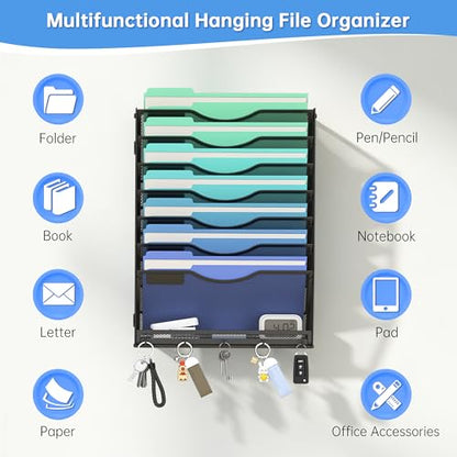 Gawerk Hanging Wall File Organizer with 5 Hooks - Wall Mounted Mail Paper Document Folder Holder, Sturdy Mesh Magazine Rack for Office Home (7+1 Tier) - size: 7+1 Tier