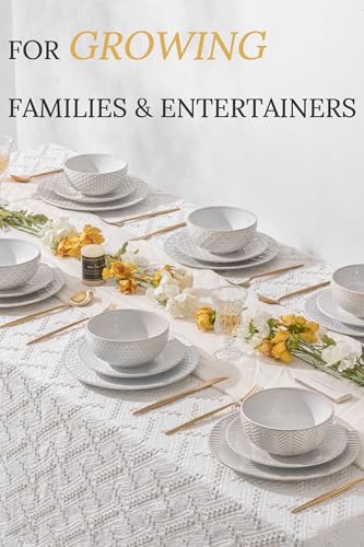 FOBENTA 18 Piece Embossed Dinnerware Sets for 6, Scratch-Resistant Plates and Bowls Sets, Microwave & Dishwasher Safe, Elegant Stoneware for Family Gatherings – A Gift for Growing Households - size: Service for 6 (18pcs)