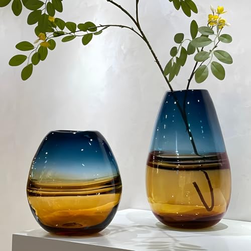 Glass Handmade Decorative Vase Ombre Centerpiece Vase with Yellow Base, Flower Vase for Home Decoration (Low vase) - size: low vase