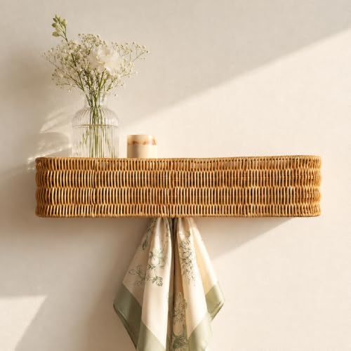 Handwoven Rattan Coat Rack Wall Mount with Shelf, 5 Hidden Hooks for Entryway, Modern Japandi Scandinavian Wall Organizer for Coats, Bags & Towels, Natural Minimalist Decor