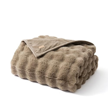 Faux Rabbit Fur Bubble Throw Blanket, 60"x80", Greige | Ultra Soft, Luxury Faux Rabbit Fur Throw, Thick Warm Bubble Blanket, Cozy Fluffy Reversible, for Bed, Couch, Chair, Sofa - color: Greige, size: 60"x80"