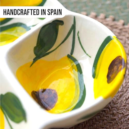 3-Compartment Ceramic Serving Dish, Handmade in Spain | 7.5” divided chip and dip bowl with lead-free glaze, microwave, oven and dishwasher safe, ideal for tapas, snacks and sauces - color: Rustic Avocado