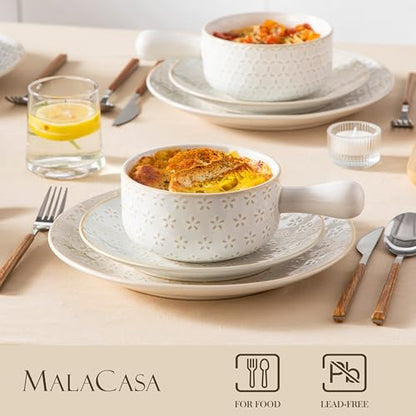 MALACASA French Onion Soup Bowls with Handles, Oven Safe Bowls Set of 4 | 20 oz 5 Inch Soup Crocks for Chilli, Beef Stew, Cereal, Pasta, Elegant Embossed, Crack Resistant Durability, Series LYDIA