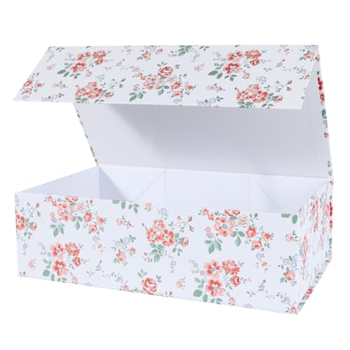 LFBOX Rose Floral Gift Box with Magnetic Lids 1 Pack | Large Bridesmaid Proposal Boxes 13.8x8.3x4.4 in, Rectangle Wedding Decorative Storage Box - color: White Rose, size: 1 Count (Pack of 1)