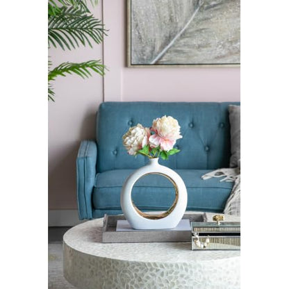 White and Gold Donut Vase Ceramic Hollow Round Flower Vase Minimalist Boho Home Decor for Wedding Party Dinner Table Living Room Office Bedroom
