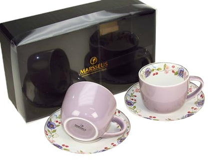 Porcelain Set of 2 Pastel Cups 8 oz with Saucers 5.75", Glamour by Marsseus Collection, Gift Box, Floral motif - color: Floral motif-2