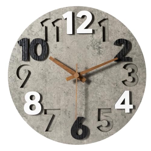 12-inch Silent Wall Clock, Concrete Gray | 3D Raised Numerals, Wooden Dial, Model: M-8846 - color: Concrete Gray
