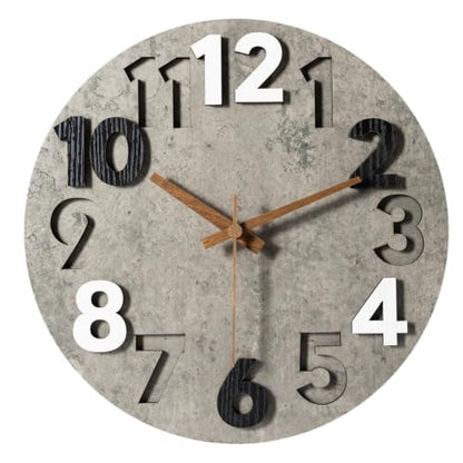 12-inch Silent Wall Clock, Concrete Gray | 3D Raised Numerals, Wooden Dial, Model: M-8846 - color: Concrete Gray