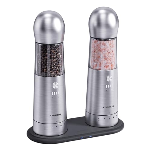 COSPRO Electric Salt and Pepper Grinder Set of 2 – Rechargeable Stainless Steel Mills with Qi-Wireless Charging Base | One-Hand Operation | Adjustable Coarseness | Easy Clean | Automatic Spice Grinder - size: Set of 2