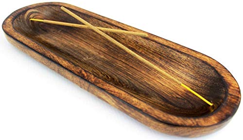 Dinil Incense Burner Holder – 11 Inch Natural Wood Ash Tray – Double Holes for Mixing Scents – Rustic Brown Finish – No Mess Elegant Design – Ideal for Yoga, Meditation Room, Home