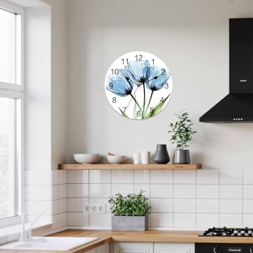 Yukro 12 Inch Blue Tulip Wall Clock, Country Flower Farmhouse Battery Operated Silent Non Ticking Clocks, Easy to Read Round Wall Clock for Kitchen/Living Room/Bedroom/Office - color: Lake Blue Green, size: 12 Inch