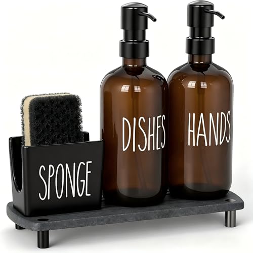 Cisily Amber Kitchen Soap Dispenser Set with Ceramics Sponge Holder | Black Metal Pump Head, Quick-Drying Soil Plate - color: Brown Bottle+black Pump + Black Sponge Holder