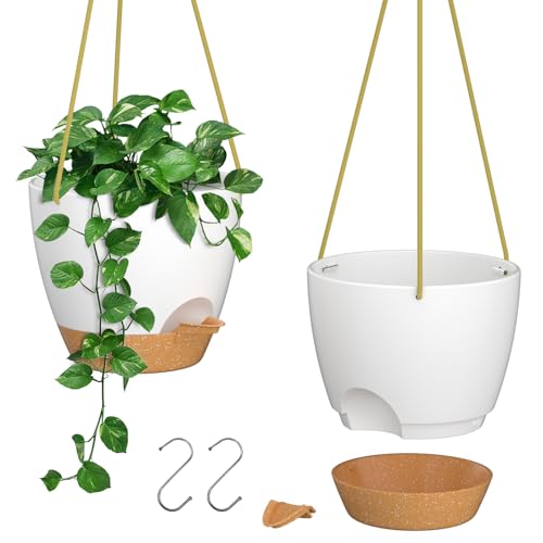 ZMTECH 6.5 Inch Hanging Planters for Indoor Outdoor Plants, 2 Pack Self Watering Hanging Plant Pots with Drainage Holes and Removable Saucer, Plastic Flower Hanging Pots with Watering Lip (White) - color: White, size: 6.5 Inch