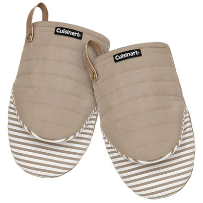 Cuisinart Mini Oven Mitts, 2-Pack 5.5"x8", Printed Silicone, 450F | Non-slip grip stripes, faux leather hang loop, cotton lining for comfort, ambidextrous for baking, cooking, and cast iron - color: Beige