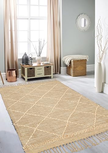Hausattire Jute Boho Area Rug, Natural, Non-Slip | 100% natural jute, braided diamond design, non-slip backing, handwoven, 48x72 in, farmhouse/boho style, indoor/outdoor - color: Natural Beige, size: 4' x 6' (Rectangular)