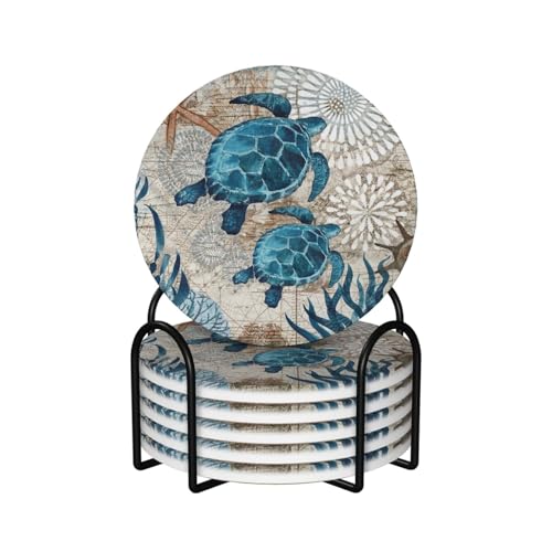 Nautical Coastal Green/Blue Turtle 6 Pcs Ceramic Coaster Set with Holder/Cork Ocean Beach Funny Man Boy Teen Animal Absorbent Round Cup Drink Coasters Set for Modern Coffee Table Bar Wine Beer Protect - color: Nautical Beach Turtle, size: Round