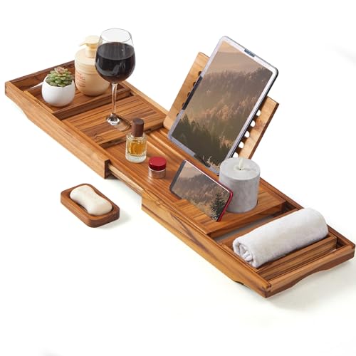 Teak Bathtub Caddy Tray with Book Stand & Soap Holder, Teak | Expandable to 41 Inches & Anti-Slip Pads for Luxury Bath Spa - color: Teak