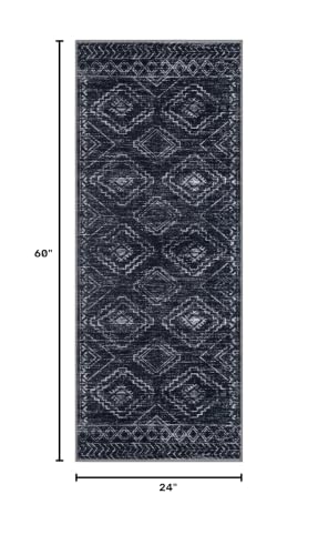 KILOCOCO Washable Runner Rug 2x5 ft Hallway Runners, Blue-Black | Non Slip Runner Rug, Printed Kitchen Runner Rug, Low-Pile Entryway Runners, Soft Geometric Rugs for Bedroom Hall Living Room - color: Black/Navy/White, size: 2' x 5' (Runner)