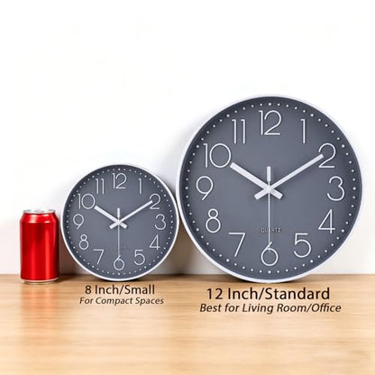 Wall Clock 12 Inch Non-Ticking Silent Battery Operated Round Wall Clock Modern Elegant Simple Style Clock for Home Office Kitchen Bedroom Living Room - color: Gray, size: 12 Inch