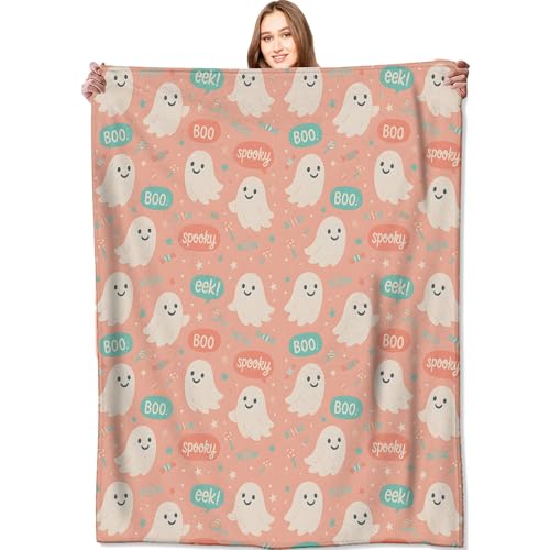 Cute Pink Ghost Blanket Halloween Fall Holiday Decor Gothic Candy Smiling Spirit Throw Gifts for Kids Lightweight Fleece Boo Spooky Witchy Blankets for Horror Spooky Goth Decoration 50x60in - color: Ghost 02, size: 50x60in