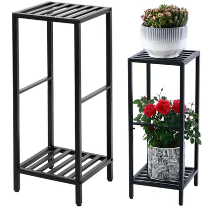 Party Zealot 2 Packs of 2-Tier Tall Metal Square Plant Stand 31” Heavy-Duty Modern Flower Pot Rack for Indoor Living Room, Corner Side Table for Outdoor Patio, Garden Planter Holder, Black - style: Square tube - 2 pack