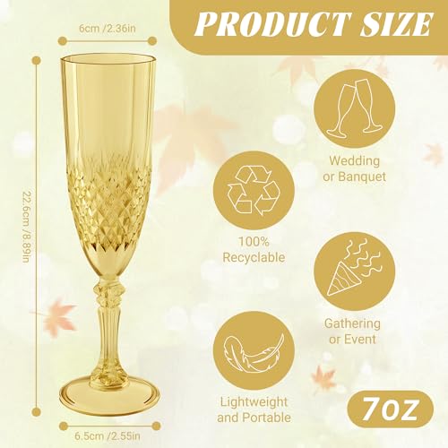 12 Pack Plastic Champagne Flutes, Gold Reusable Champagne Glass | Unbreakable Hard Plastic Mimosa Cups Bulk with Stem, Fancy Stemware for Wedding, Party & NYE Celebration - color: Gold