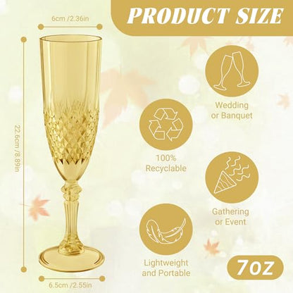12 Pack Plastic Champagne Flutes, Gold Reusable Champagne Glass | Unbreakable Hard Plastic Mimosa Cups Bulk with Stem, Fancy Stemware for Wedding, Party & NYE Celebration - color: Gold