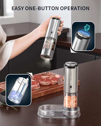 CIRCLE JOY Electric Salt and Pepper Grinder Set Stainless Steel Rechargeable Salt and Pepper Grinder Set, Variable Grinding Speed, External Adjustable Coarseness, Storage Base, White LED Light, Silver - color: 2-Speed Rechargeable Set with Base