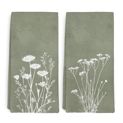 Vintage Sage Green Kitchen Towel and Dish Towel Set of 2, Farmhouse Retro Wildflower Decor Hand Towels, Spring Botanical Green Decorative Hand Dish Tea Towels for Bathroom Kitchen, 16x24 in - color: Wildflower