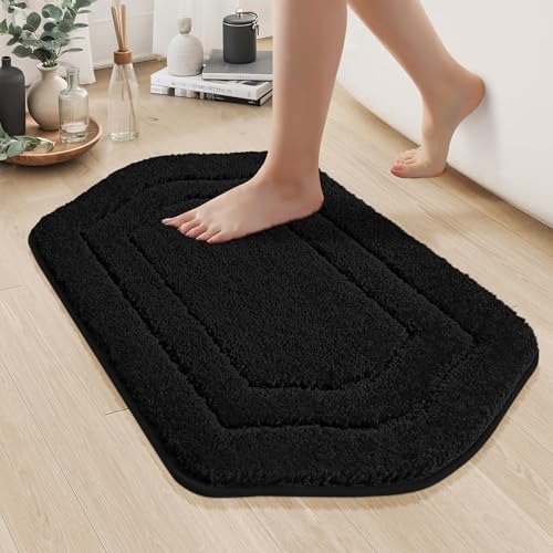 COSY HOMEER Non-Slip Bath Mat Extra Thick Absorbent Plush Washable | 20"x32" Black Non-Slip Extra Thick Plush Absorbent Machine Washable Bath Mat Bathroom Rug Floor Tub Shower - color: Black, size: 1'8" x 2'8" (Oval)