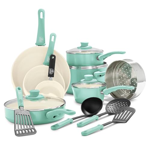 GreenLife 16 Piece Ceramic Nonstick Pots & Pans Cookware Set, Turquoise | PFAS-Free Ceramic Nonstick, Stockpot, Frying Pans, Saucepans, Sauté Pan, Stay-Cool Handles, Dishwasher & Oven Safe up to 350F - color: Mint Green, style: Soft Grip