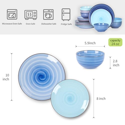 Selamica Ceramic Dinnerware Sets for 6, 18 Pieces Plates and Bowls Set, Scratch Resistant Dishes Set, Handpainted Swirl with Spot Dishwasher & Microwave Safe, Gradient Blue - color: Gradient Blue, size: 18 Pieces
