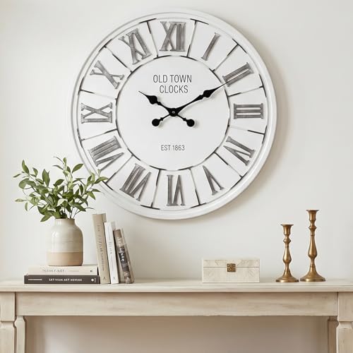 EMAX HOME Farmhouse 24 Inch Wooden Large Wall Clock, Silent Non-Ticking Quartz Movement, Battery Operated Modern Rustic Clock for Living Room, Kitchen, Office, Home Decor