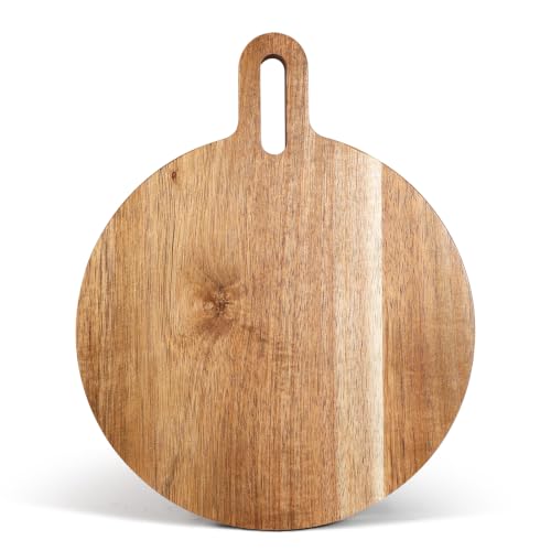Mini Acacia Wood Round Cutting Board with Handle, Wooden Kitchen Prep Board, Small Chopping Board for Fruit Vegetables Meat Bread Multipurpose Pizza Cheese Serving Tray for Restaurant & Party