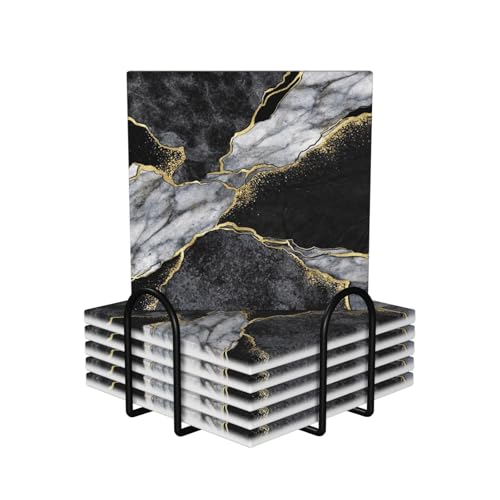 Luxury Black Grey Marble Square Ceramic Coasters Set of 6 Pack, Dark Gray Golden Ink Granite Texture Stone Drink Coaster with Cup Holder Anti-Scratc Cork Backing Bar Kitchen Home Housewarming Gift - color: Black Gray Gold Marble, size: Square