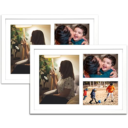 Golden State Art 12x17 White Wood Picture Frame for 8x10 and 5x7 Photos | 3 Opening Picture Frame,White Mat included,Real Glass, Sawtooth Hanger - Wall Mounting - Great for Posters, Weddings(2 Pack) - color: White&White Mat-2P, size: 1 8x10 And 2 5x7