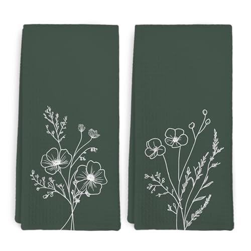 Vintage Dark Green Kitchen Towel and Dish Towel Set of 2, Farmhouse Nature Floral Green Decor Hand Towels, Minimalism Botanical Decorative Hand Dish Tea Towels for Bathroom Kitchen, 16x24 in - color: Nature Floral