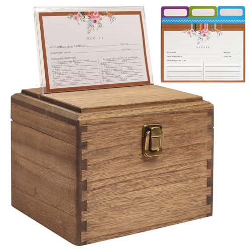KIRIGEN Wooden Recipe Box with Cards and Dividers, 2 Compartments, Brown | Recipe Card Box Includes About 100 Cards, 100 Protectors, 12 Dividers, Acrylic Shield, Hinged Lid, and Metal Clasp - color: Brown