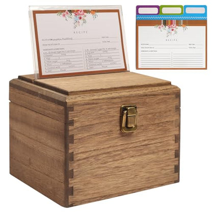 KIRIGEN Wooden Recipe Box with Cards and Dividers, 2 Compartments, Brown | Recipe Card Box Includes About 100 Cards, 100 Protectors, 12 Dividers, Acrylic Shield, Hinged Lid, and Metal Clasp - color: Brown