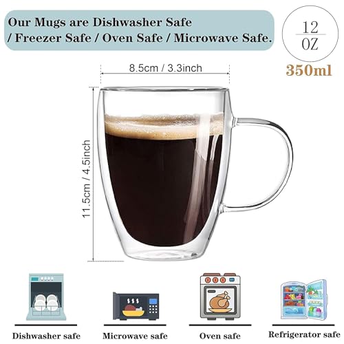 12 oz/350ml Double Walled Glass Coffee Mugs, Glass Coffee Cups Set of 4, Insulated Borosilicate Clear Glasses, Espresso Cappuccino Latte Tea Cups with Handle for Latte, Hot/Cold Drink - size: 12 oz/350ml