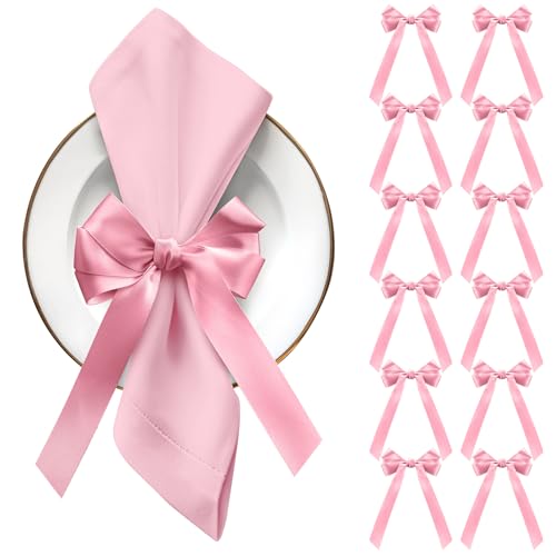 12 Pcs Pink Bow Napkin Rings, Ribbon Bows for Dinner | Ribbon Charms for Wine Glasses Candle Holder Gift Wrap, Wedding Bridal Shower Party Table Decor, Bulk Ties Coquette Aesthetic - color: Pink