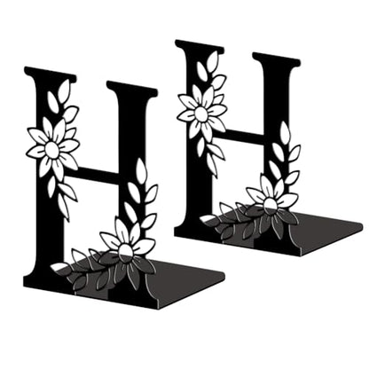 5.3"x4.3"x7.1" Metal Bookends, Heavy Duty Book Ends for Shelves | Letter H with Flowers Theme Cast Iron Book Supports, 1 Pair Decor Stoppers for Desk, Library, Office & Home Shelves - style: Letter H with Flower
