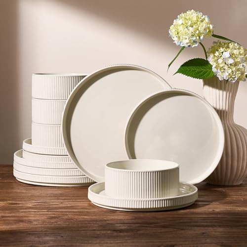 Famiware Ceramic Plates and Bowls Set, Dinnerware Sets, Ribbed Dishes for 4 | 12-Piece Stoneware Dishware, Lipped Edges, Chip & Scratch Resistant, Microwave & Dishwasher Safe, Everyday Use, Oat White - color: Oat White, size: Service for 4