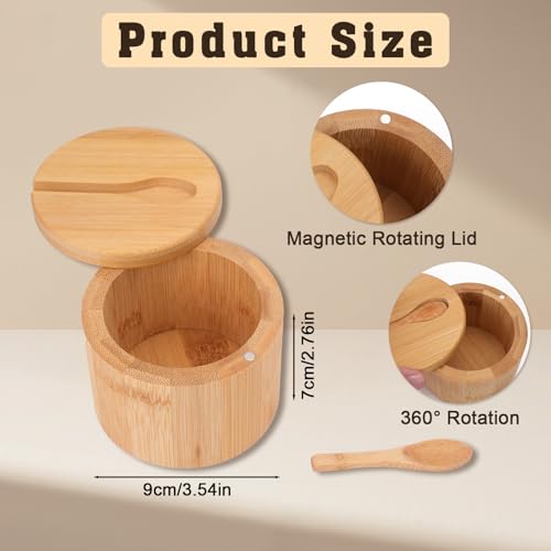 2Pcs Salt Cellar, 6 oz Round Salt Container with Lid and Spoon | Wooden Salt Container, Salt and Pepper Bowls Storage Holder Box, Seasoning Storage Bowl for Countertop Spice Sugar (Style1)