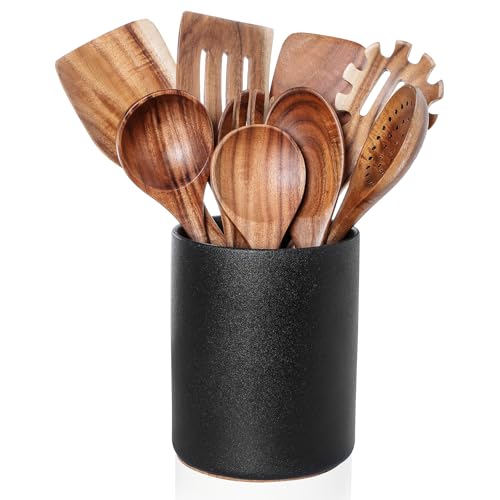 Wooden Cooking Utensils Set with Ceramic Holder,Teak Wood 10pcs Utensils | Holder for Countertop with Protection Cork Bottom,Nonstick Spoons, Spatula Set,Kitchen Decor, (Stone Black) - color: Stone Black (wood )